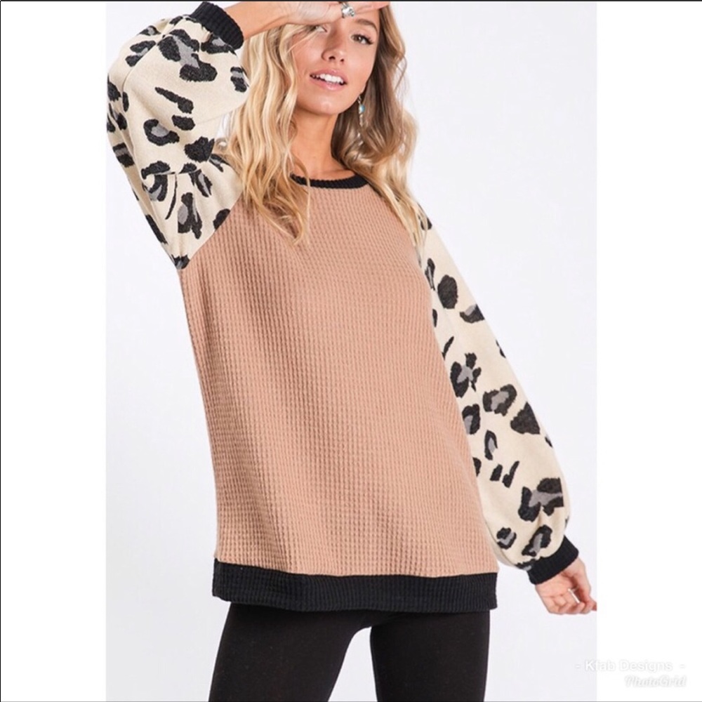 Waffle Knit Color Block Leopard Top - Picture 7 of 8